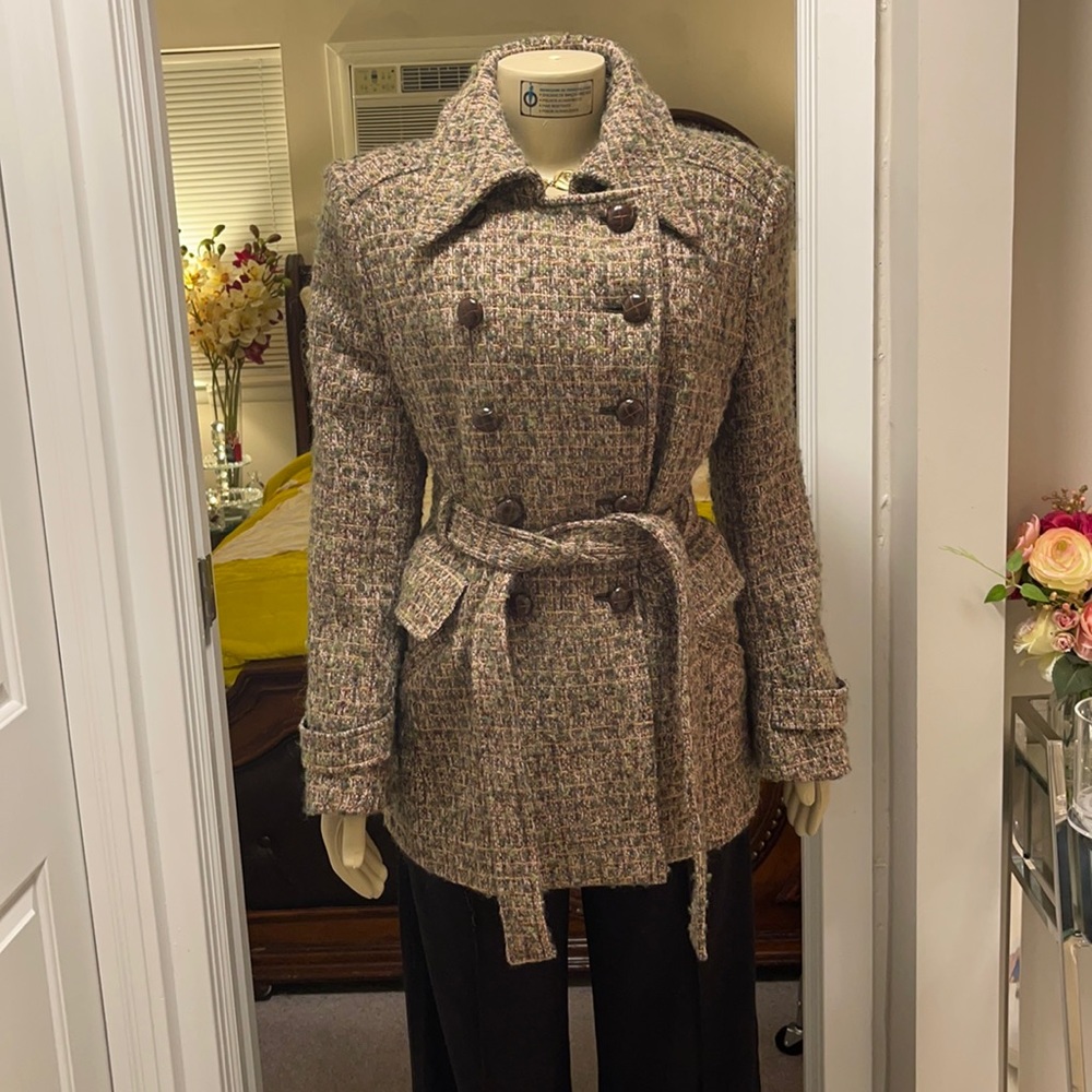 Green tweed coat with belt.